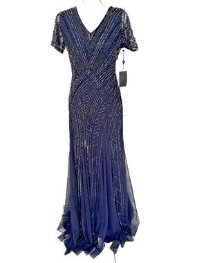 Adrianna Papell Beaded Maxi Dress Gown Womens 10 Navy Blue Formal